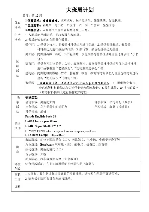 幼儿园大班周计划第15周