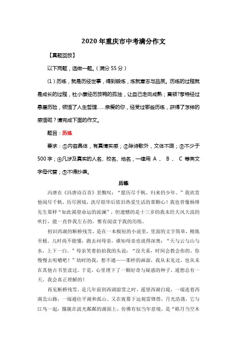2020年重庆市中考满分作文《历练》7