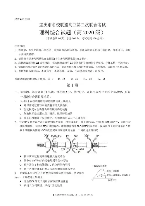 重庆市名校联盟高2020级高三第二次联考  理科综合试题