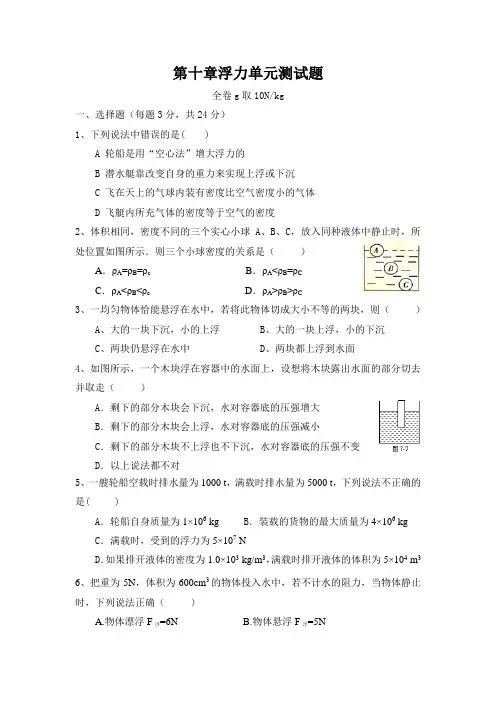 人教版八年级物理下册第十章浮力单元测试题