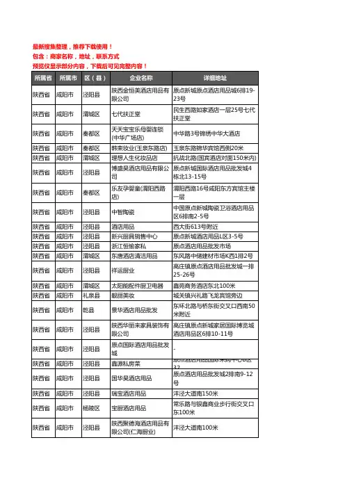 新版陕西省咸阳市酒店用品企业公司商家户名录单联系方式地址大全69家