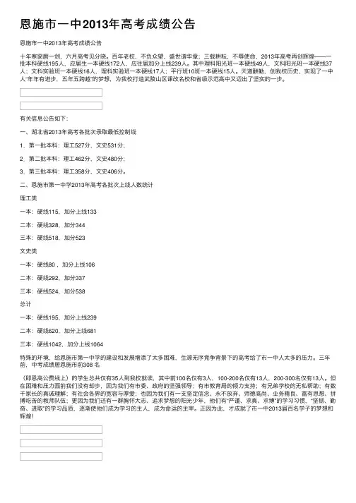 恩施市一中2013年高考成绩公告