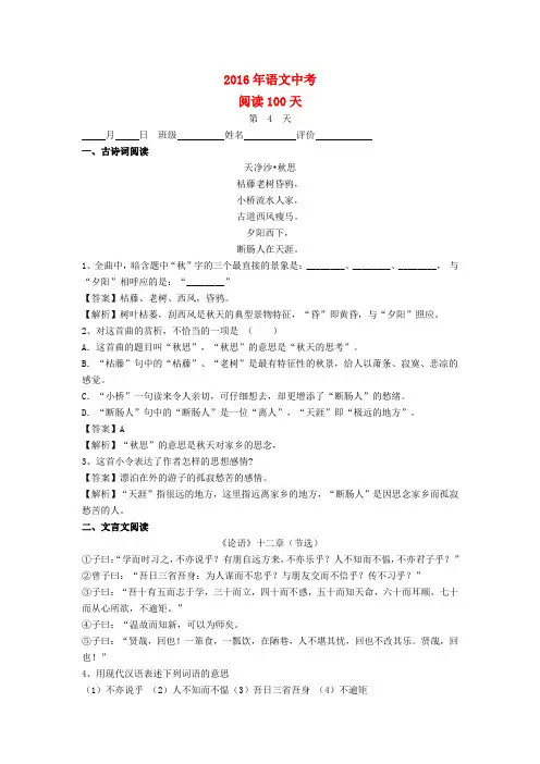 中考语文阅读训练100天(3)(含解析)