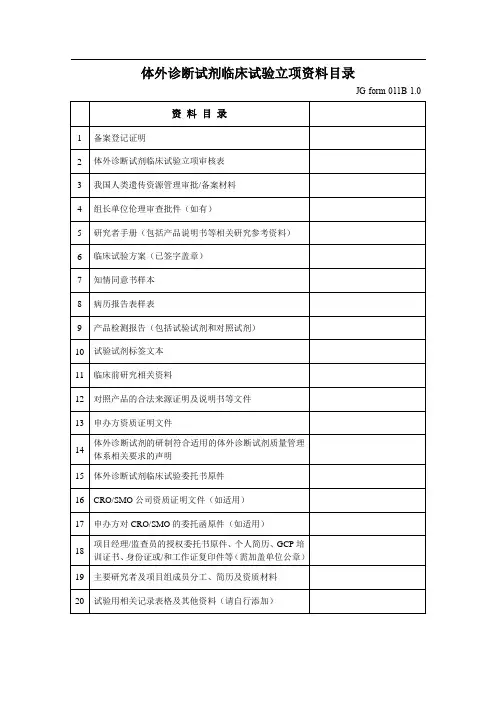 医院体外诊断试剂临床试验立项资料目录(器械和试剂)