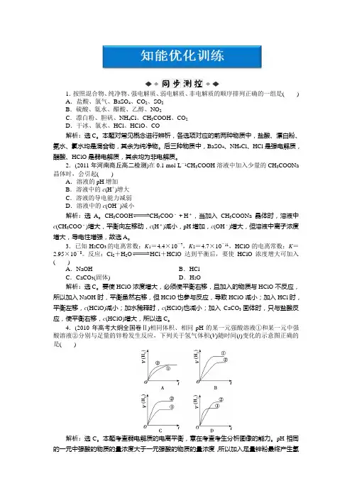 高中化学人教版选修4：第3章第一节知能优化训练