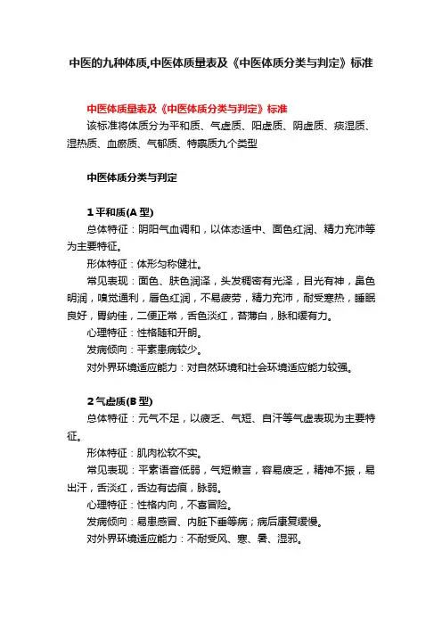 中医的九种体质,中医体质量表及《中医体质分类与判定》标准