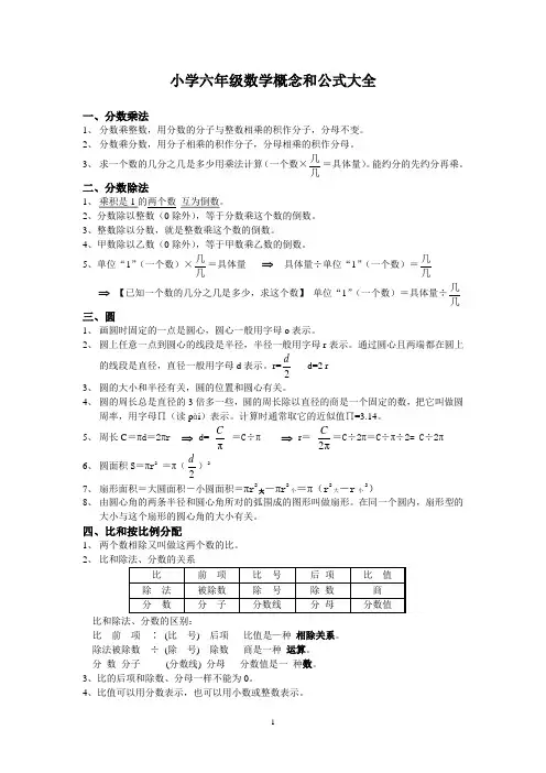 (完整版)小学六年级数学概念和公式大全