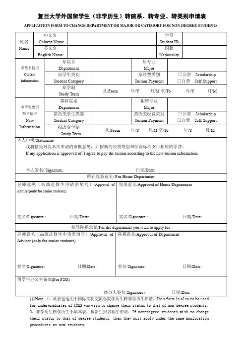 复旦大学外国留学生(非学历生)转院系,转专业,转类别申请表.