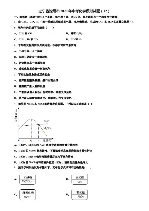 【附20套中考模拟试卷】辽宁省沈阳市2020年中考化学模拟试题(12)含解析