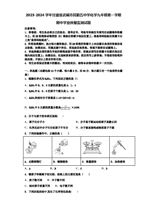 2023-2024学年甘肃省武威市民勤五中学化学九年级第一学期期中学业质量监测试题含解析