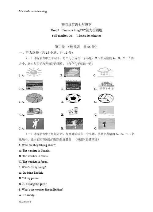 人教版七年级下册英语unit7it'sraining能力检测题