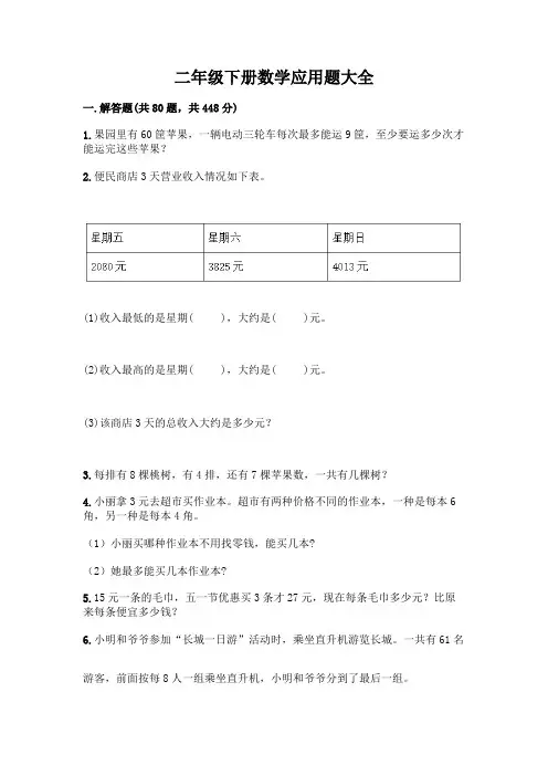 二年级下册数学应用题大全【完整版】