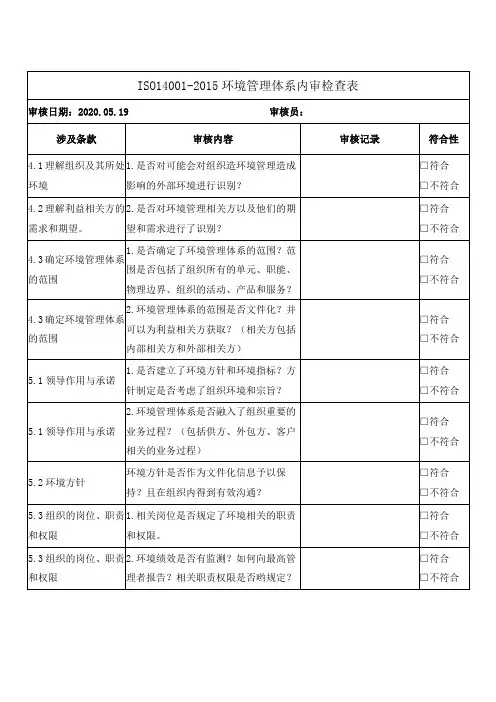 ISO14001-2015环境管理体系内审检查表 