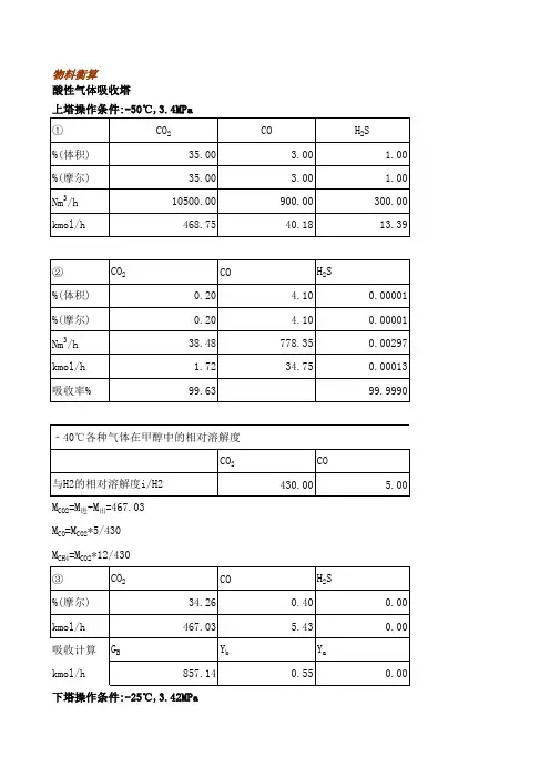 低温甲醇洗工艺计算