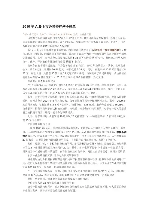 2010年A股上市公司排行榜全榜单