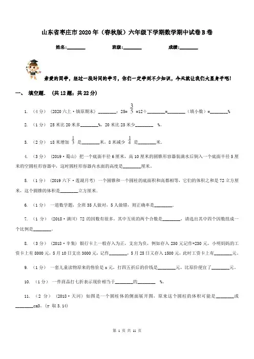 山东省枣庄市2020年(春秋版)六年级下学期数学期中试卷B卷