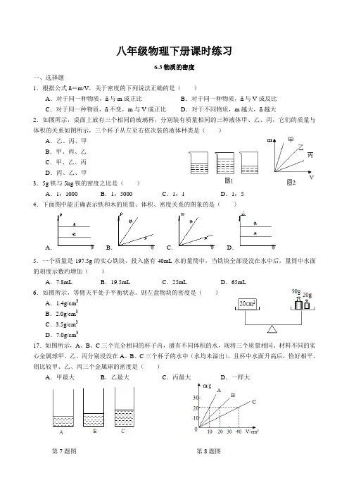 6.3 物质的密度课时练习 2022-2023学年苏科版物理八年级下册