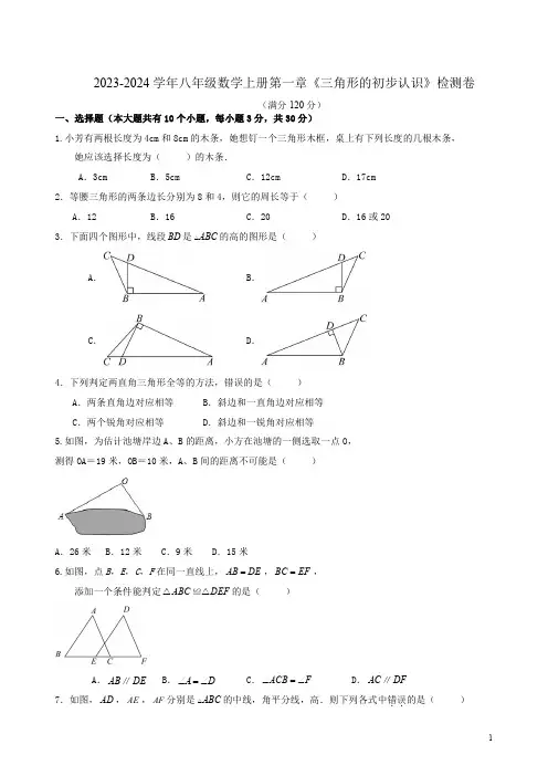 2023-2024学年人教版八年级数学上册第一章《三角形的初步认识》检测卷附答案解析