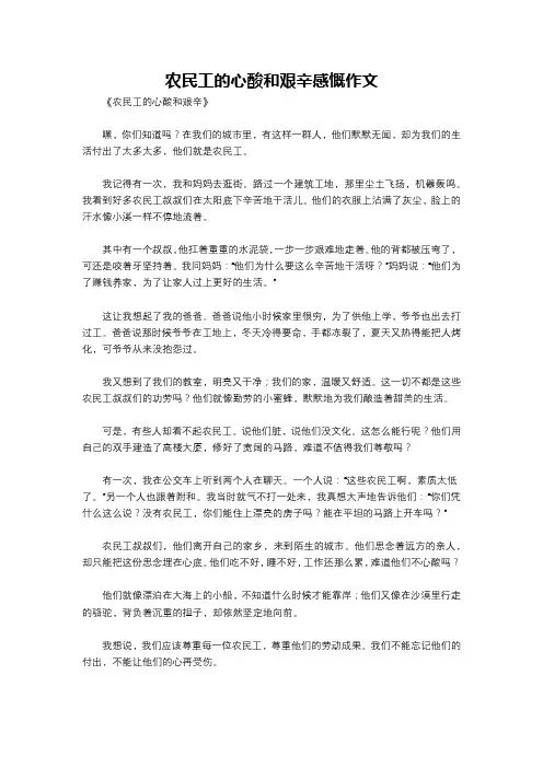 农民工的心酸和艰辛感慨作文