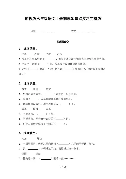 湘教版六年级语文上册期末知识点复习完整版