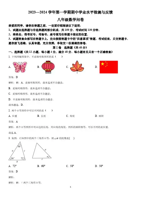 山东省聊城市阳谷县2023-2024学年八年级上学期期中考试数学试卷(含解析)