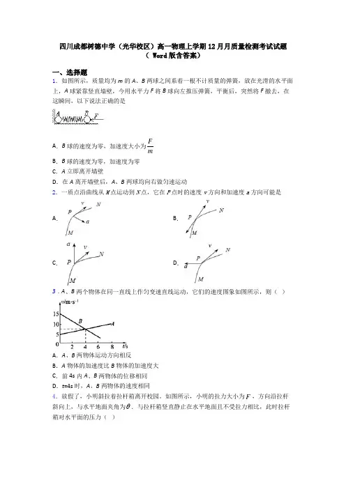 四川成都树德中学(光华校区)高一物理上学期12月月质量检测考试试题( Word版含答案)