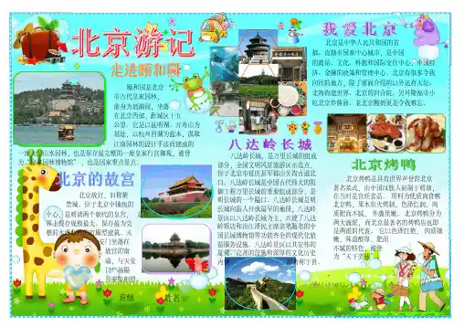 暑假暑期寒假假期旅游小报参观游览北京小报首都北京游记A4横排电子小报手抄报模板