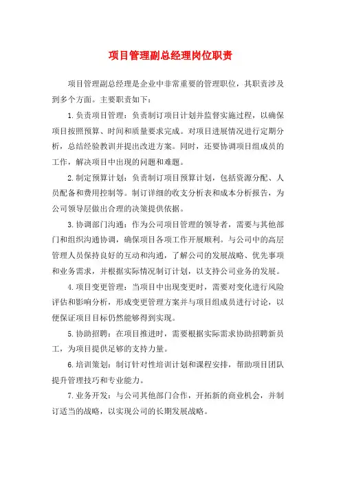 项目管理副总经理岗位职责