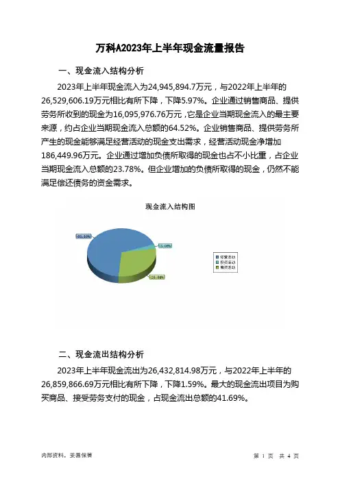 000002万科A2023年上半年现金流量报告