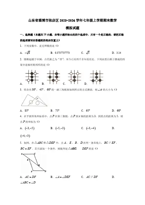山东省淄博市张店区2023-2024学年七年级上学期期末数学模拟试题(含答案)