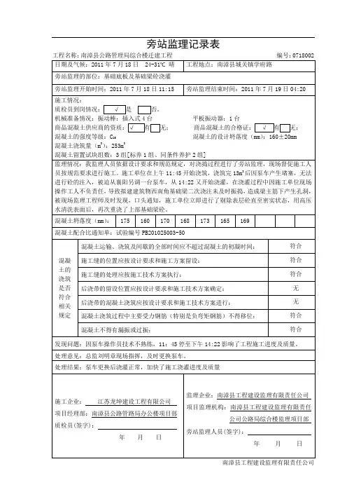 混凝土浇筑旁站记录表