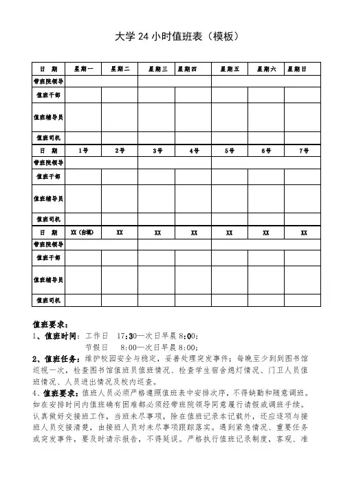 学校24小时值班表制度(空白通用模板)