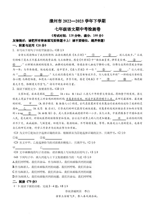 福建省漳州市2022-2023学年七年级下学期期中语文试题(含答案)