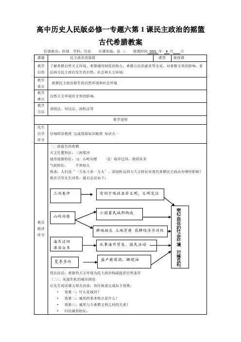 高中历史人民版必修一专题六第1课民主政治的摇篮古代希腊教案
