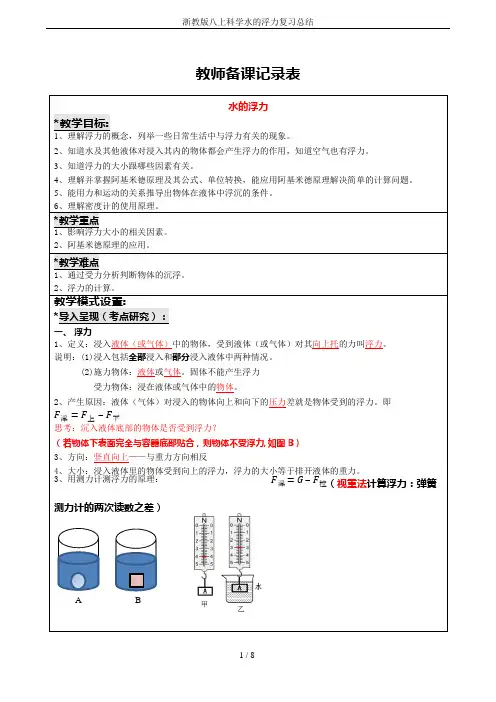 (完整版)浙教版八上科学水的浮力复习总结,推荐文档