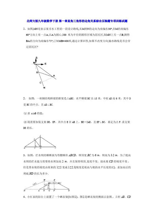 北师大版九年级数学下册第一章直角三角形的边角关系综合题训练