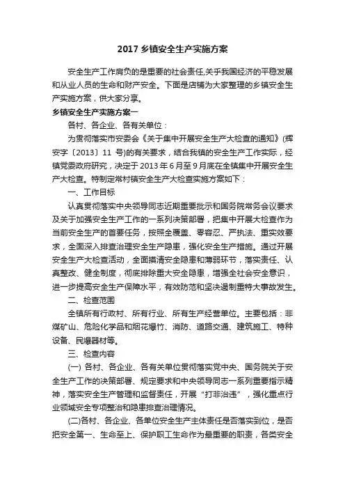 2017乡镇安全生产实施方案