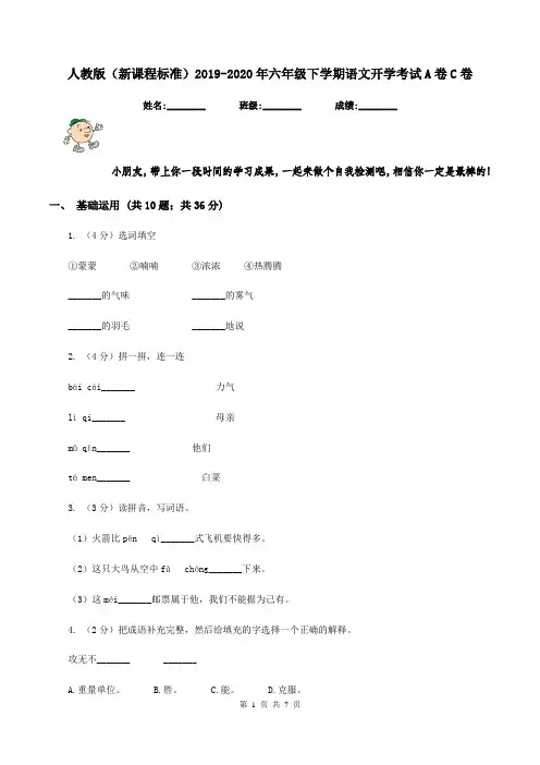 人教版(新课程标准)2019-2020年六年级下学期语文开学考试A卷C卷