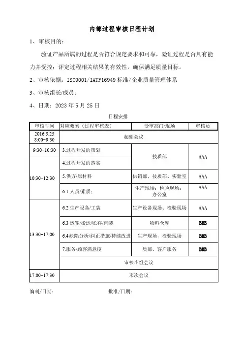 IATF16949内部过程审核日程计划