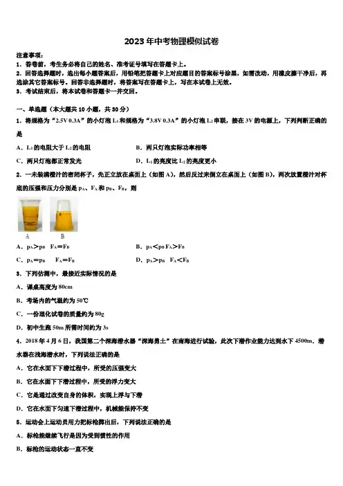 江苏省扬州市江都区实验初级中学2023届中考物理全真模拟试题含解析