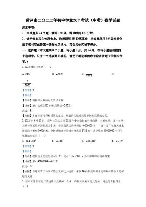(中考精品卷)山东省菏泽市中考数学真题 (解析版)