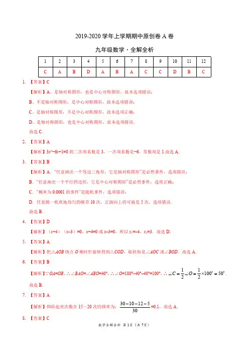 2019-2020学年九年级数学上学期期中原创卷A卷(山东)(全解全析)