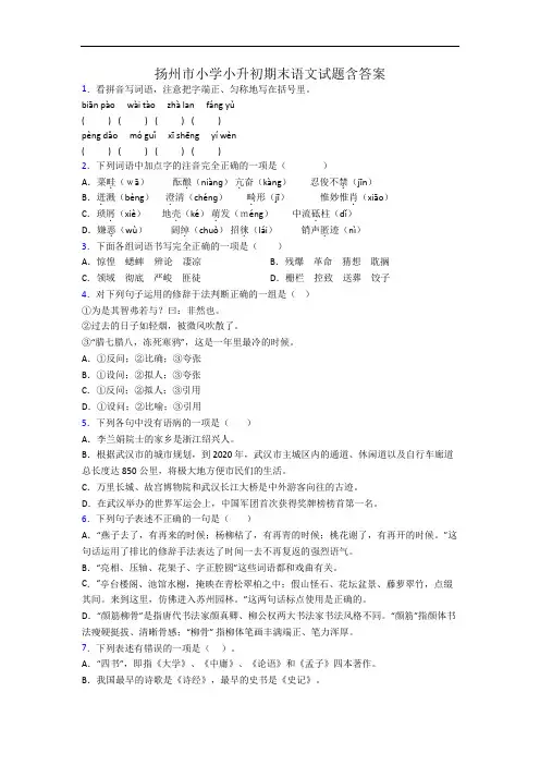 扬州市小学小升初期末语文试题含答案