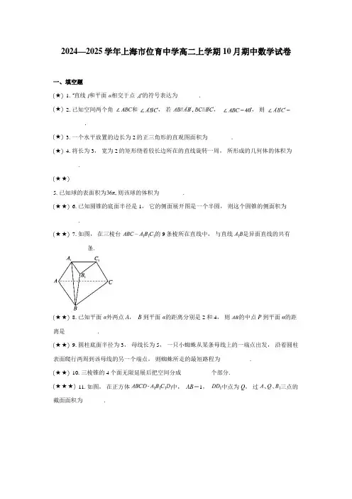 2024—2025学年上海市位育中学高二上学期10月期中数学试卷
