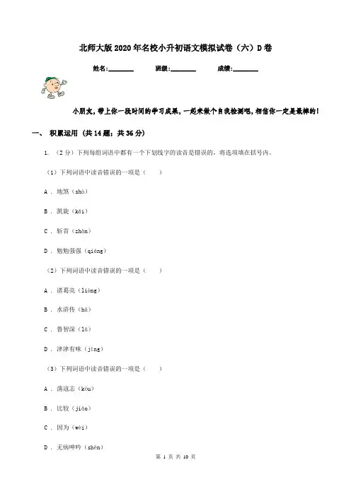 北师大版2020年名校小升初语文模拟试卷(六)D卷