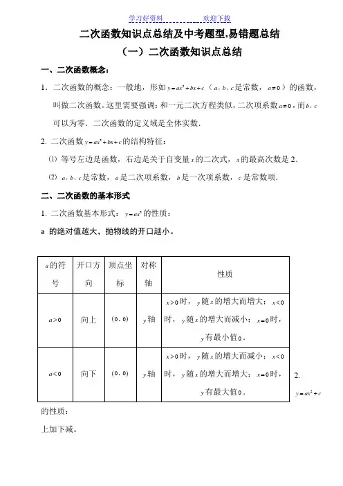 二次函数知识点总结及中考题型总结