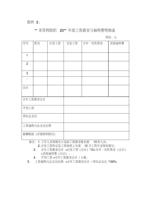 《非营利组织年度工资薪金与福利费明细表》