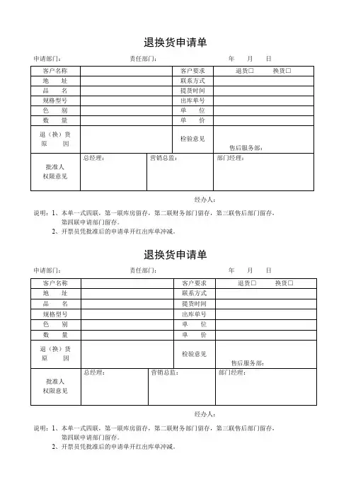退换货申请单模板