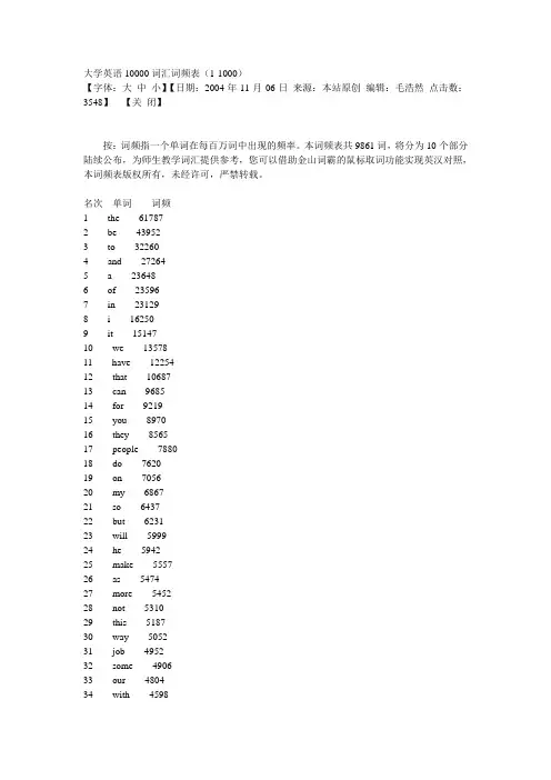 大学英语10000词汇词频表(1-1000)