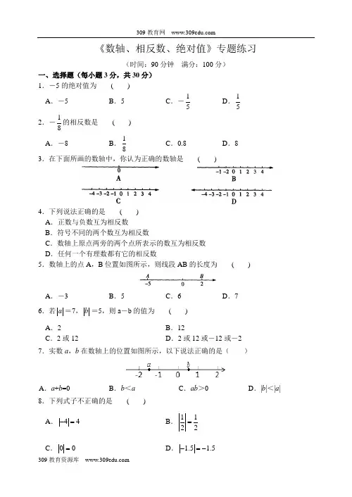 《数轴、相反数、绝对值》专题练习(含答案)